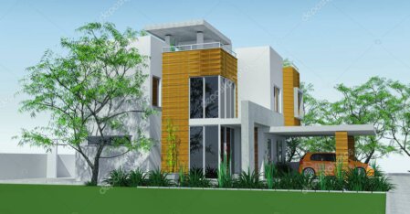 3D-Rendering eines Wellnessgartens bei Nacht mit Wasser und Licht